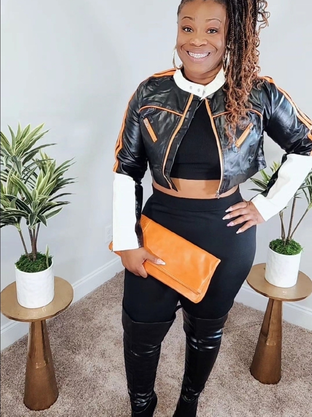 Cropped Black Vegan Leather Jacket with Orange Trim